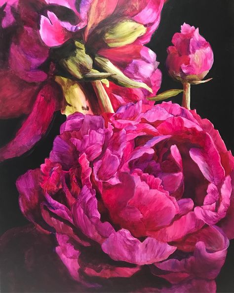 Magenta Peonies, Painting Peonies, Layered Gown, Garden Balls, Peony Art, Peony Painting, Botanical Art, Acrylic On Canvas, Flower Painting