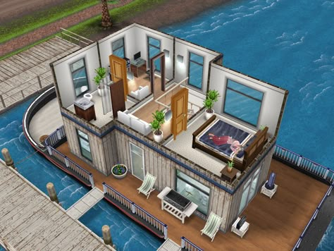 White inspired houseboat #thesims #simsfreeplay #housedesign #designedbyjade xx Casas The Sims Freeplay, Sims 4 Loft, Sims Freeplay Houses, Sims Free Play, Tiny House Loft, Sims 4 Bedroom, House Floor Design, Sims 4 House Design, Sims House Plans