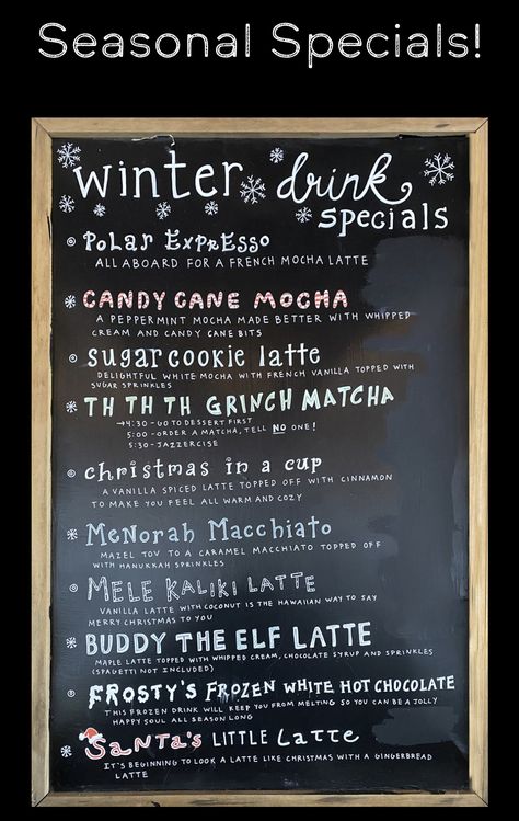 Eggnog Coffee Drinks, Christmas Coffee Shop Signs, Holiday Coffee Drinks Christmas, Hot Chocolate Food Truck, Christmas Coffee Board Ideas, Coffee Drink Names Creative, Christmas Coffee Flavors, Christmas Coffee Ideas, Winter Coffee Drinks