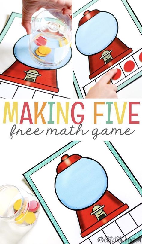 Making five is a great math game for your students! Counting, one-to-one correspondence, and number sense are necessities in early childhood classrooms. Teachers can help learners explore number sense by using hands-on materials and engaging math games. This free making five math game is perfect for a fun number sense activity. #numbers #game #math #free #printable #preschool #kindergarten Preschool Math Patterns, Activity Numbers, Game Math, Preschool Math Games, Free Math Games, Number Sense Activities, Kindergarten Curriculum, Creation Station, Kindergarten Games