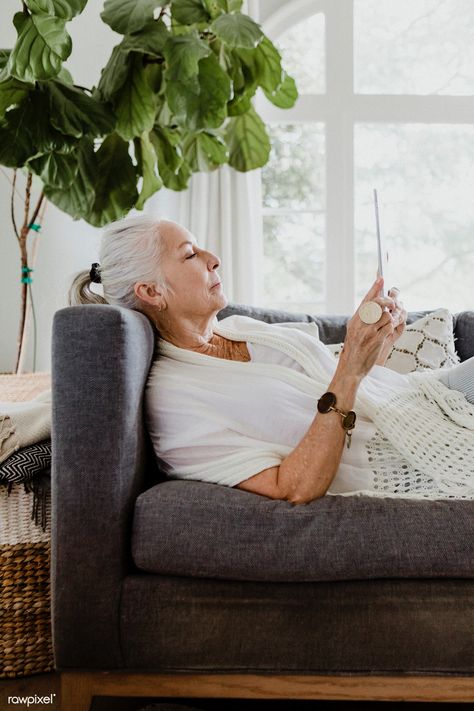 Elderly woman using a tablet on a couch | premium image by rawpixel.com / McKinsey Author Lifestyle, Senior Lifestyle, Man Sleeping, Sleeping Woman, Lookbook Ideas, Animation Portfolio, Senior Fashion, Home Assistant, Lifestyle Portraits