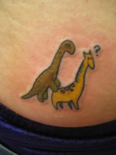 "This story is amazing. This guy came in to get a set of lip prints on his ass, telling his parents to kiss it and James talked him into getting this brontosaurus mounting a giraffe." Triassic Cuddle Tattoo, Giraffe Tattoo, Mark Tattoo, Shark Tattoos, Shark Fishing, Lips Print, Matching Tattoos, Get A Tattoo, Skin Art