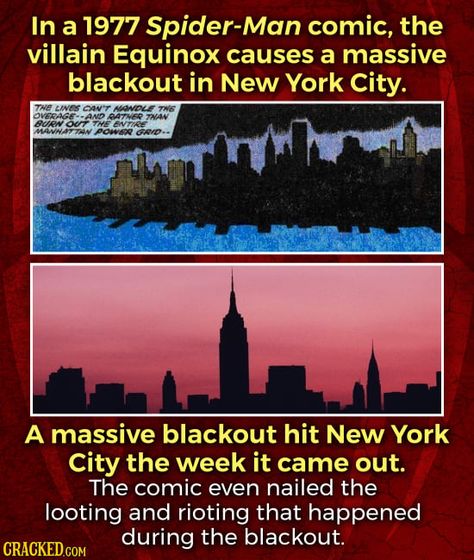 Can you believe that Spider-Man accidentally predicted the New York blackouts of 1977? Weird Coincidences, Meme Art, Make You Believe, Weird World, The Villain, The Real World, The Whole, Real Life, Fun Facts