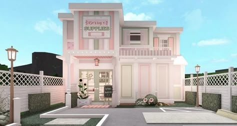 Cafe Exterior Design Bloxburg, Pastel Cafe Bloxburg, Blush Town Bloxburg, Bloxburg Pink House Exterior, Pink Cafe Bloxburg, Cute Bloxburg Cafe Ideas, Bloxburg Bakery Exterior, Bloxburg Bakery Layout, Cafe Ideas Bloxburg