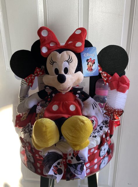 Minnie Mouse Theme Diaper Cake Made By Norma’s Unique Gift Basket. Unique Gift Baskets, Minnie Mouse Theme, Adorable Babies, Event Supplies, Diaper Cakes, Basket Ideas, Party Event, Gift Basket, How To Make Cake