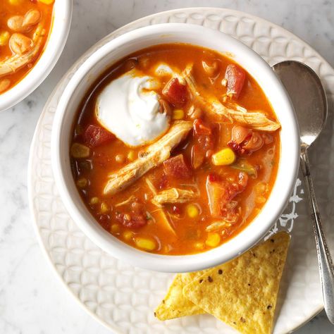 Spicy Peanut Chicken Chili Recipe -After spending time in the Southwest, I discovered Mexican peanut chicken and thought it would be fun to make it into a chili. Chipotle peppers give it a nice spice that's extra warming on a cold day. —Crystal Schlueter, Northglenn, CO Homemade Chicken Soup Recipes, Freezable Soups, Spicy Peanut Chicken, Freezer Soups, Easy Comfort Food Recipes, Homemade Chicken Soup, Leftover Chicken Recipes, Leftover Rotisserie Chicken, Chili Soup