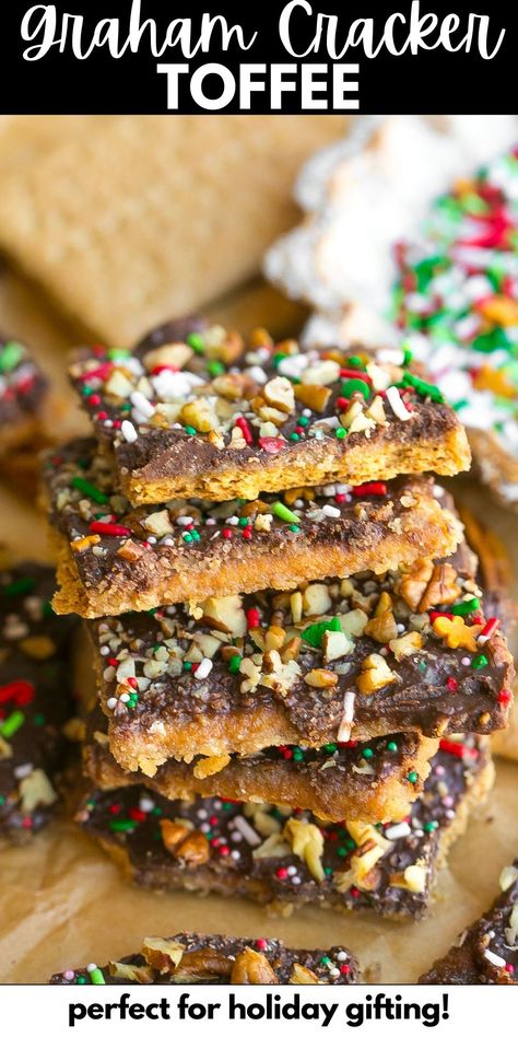 Graham Cracker Toffee (Easy 4 Ingredient Recipe) Christmas Gram Cracker Toffee, Best Graham Cracker Toffee, Graham Cracker Toffee With Pecans, Easy Graham Cracker Toffee, Amish Candy Recipes, Graham Cracker Bark Christmas, Graham Cracker Toffee Bark, Christmas Toffee Bark Graham Cracker, Graham Cracker Toffee Recipe