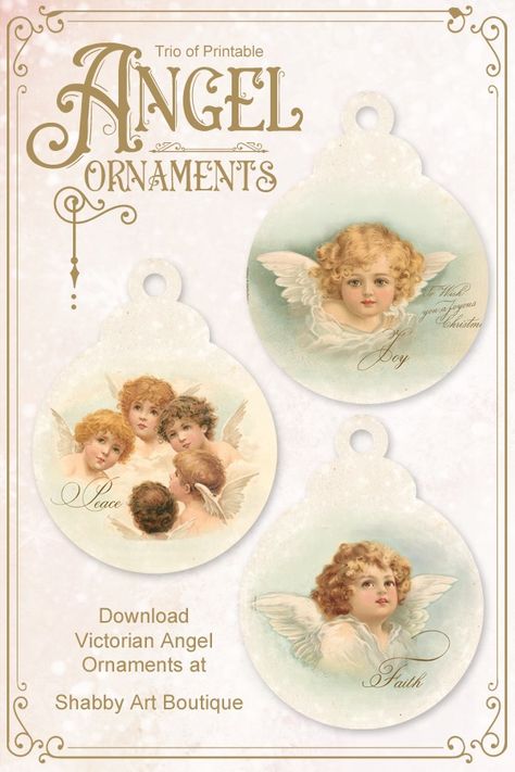 Trio of printable Victorian Angel Ornaments from Shabby Art Boutique Victorian Angels Printables, Victorian Angels Printables Free Images, Angel Faces For Crafts, Free Angel Printables, Paper Christmas Ornaments Free Printable, Vintage Christmas Images Printables Free, Vintage Angel Images, Angel Printable, Angel Ornaments Diy