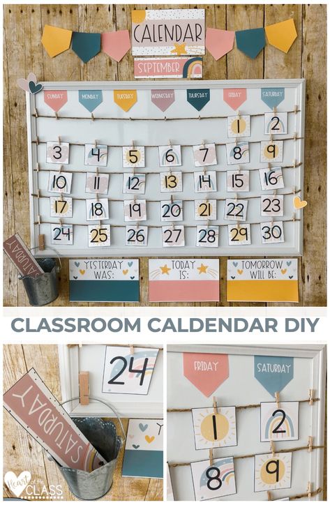 A simple DIY to create a classroom calendar using a dry erase board. This calendar is set up using pieces from the Boho Rainbow Classroom Decor bundle. Diy Kindergarten Calendar, Diy Crafts For Classroom Decor, Diy Calendar For Classroom, Diy Classroom Calendar Ideas, Classroom Decoration Kindergarten, Rainbow Calendar Classroom, Diy Homeschool Calendar Board, Preschool Classroom Diy Decor, Classroom Calendar Diy