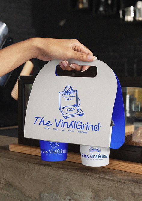 The VinylGrind | Brand Identity :: Behance Cafe Visual Identity, Coffee Shop Brand Identity, Cafe Cup Design, Korean Coffee Shop Aesthetic, Coffee Brand Identity, Cafe Branding Identity, Cafe Merch, Coffee Carrier, Cafe Branding Design