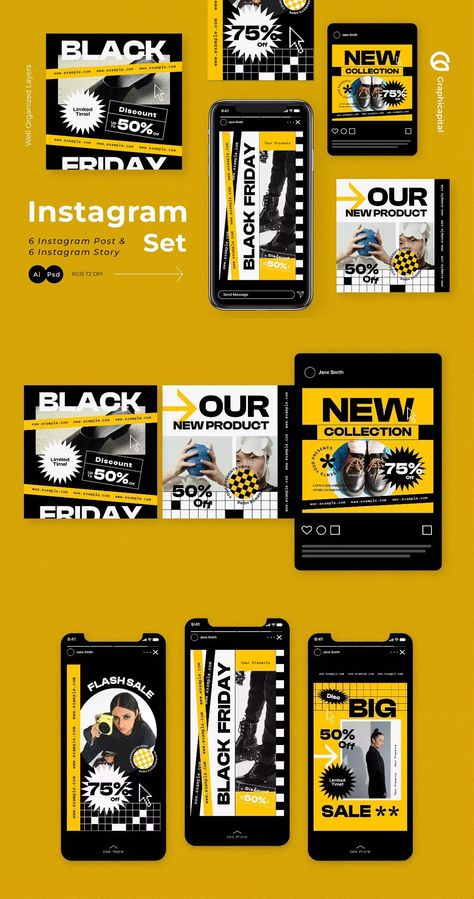 Yellow Modern Black Friday Instagram Post and Story Template AI, PSD Yellow And Black Instagram Feed, Modern Instagram Feed, Dior Store, Black Success, Latest Graphic Design, Black Friday Design, Black Friday Banner, Social Media Branding Design, Facebook Design