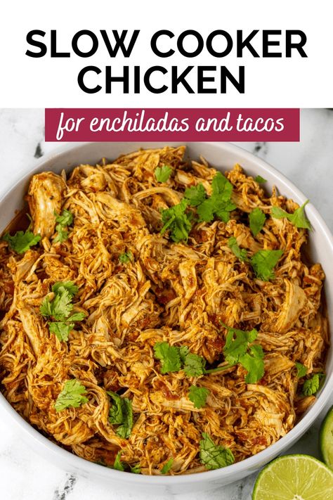 How to cook shredded chicken for tacos, enchiladas, or burritos. I have a recipe for the tastiest slow cooker Mexican shredded chicken. The chicken breast are seasoned with taco seasoning, salsa, lime juice and cilantro (optional). This recipe makes the best and easiest shredded chicken. Chicken For Enchiladas, Cook Shredded Chicken, Shredded Chicken For Tacos, Shredded Chicken Breast Recipes, Chicken For Tacos, Crockpot Mexican Chicken, Crockpot Mexican, Slow Cooker Mexican Chicken, Slow Cooker Mexican