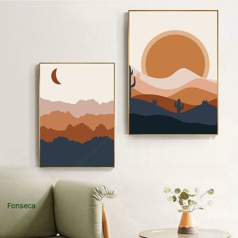 Boho Landscape, Boho Artwork, Sun Prints, Boho Painting, Small Wall Art, Sea Wall Art, Prints Vintage, Modern Wall Art Canvas, Moon Sun