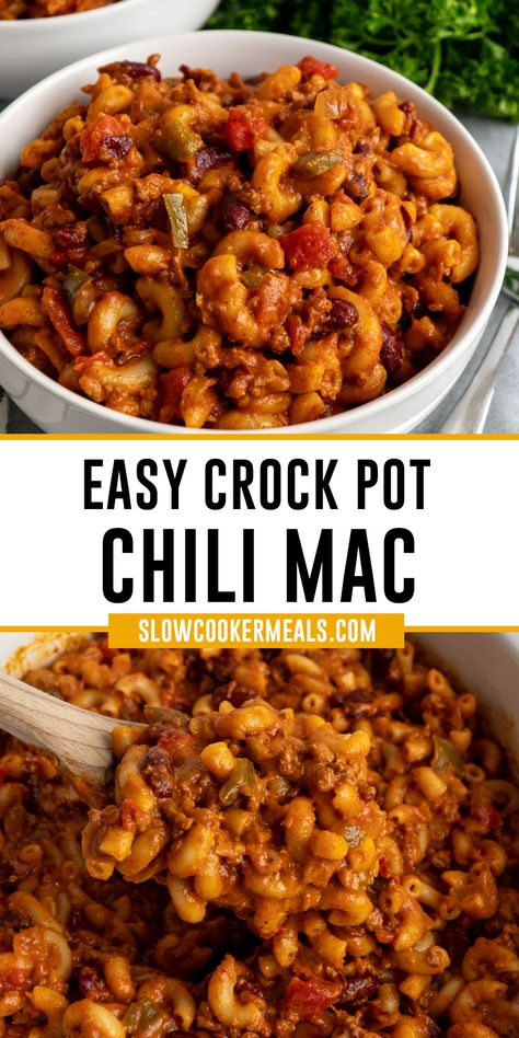 Crock Pot chili mac in a bowl and on a wooden spoon Crock Pot Chili Mac, Chilli Recipe Crockpot, Chili Mac Crockpot, Chili Mac Recipe Easy, Slow Cooker Chili Mac, Ground Beef Crockpot Recipes, Crock Pot Chili, Ground Beef Pasta Recipes, Slow Cooker Ground Beef