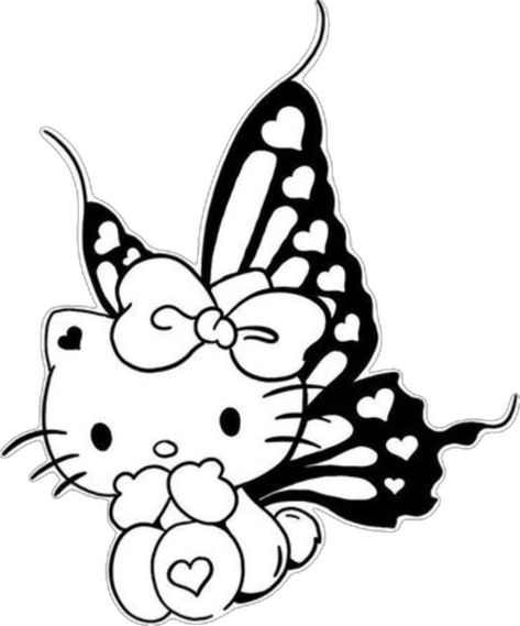 Hello Kitty Fairy Tattoo, Hello Kitty Butterfly Tattoo, Hello Kitty Tattoo Stencil, Drawing Ideas Trippy, Butterfly Hello Kitty, Hello Kitty Butterfly, Trippy Sketch Ideas, Tatuaje Hello Kitty, Hello Kitty Tattoo Ideas