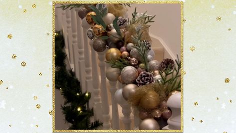 How to make this festive winter railing decoration using a pool noodle Diy Christmas Railing Decor, Pool Noodle Christmas Decorations Mantle, Pool Noodle Christmas Mantle, Pool Noodle Railing Christmas, Pool Noodle Stair Garland, Pool Noodle Staircase Christmas, Pool Noodle Christmas Garland Diy, Pool Noodle Garland Diy, Pool Noodle Garland