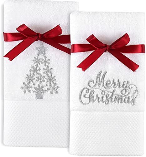 Quera 2 Pack Christmas Hand Towels 100 percent Cotton Embroidered Premium Luxury Decor Bathroom Decorative Dish Set for Drying, Cleaning, Cooking, Holiday Gift 13.7'' x 29.5'', White,silver Christmas Towels Bathroom, Holiday Hand Towels, Embroider Ideas, Bathroom Towel Decor, Christmas Hand Towels, Christmas Bathroom, Christmas Kitchen Towels, Christmas Towels, White Christmas Decor