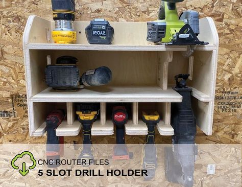 This is a cordless power tool station storage cabinet made from plywood on a CNC Router machine using these 3D and 2D files. This power tool storage shelf stores drills impacts circular saws reciprocating saws and other tools in a persons workshop or garage. Craftsman Shop Vac Accessories Holder, Cnc Router Storage, Woodworking Plans Shelves, Tool Wall, Power Tool Organizer, Cnc Router Projects, Power Tool Storage, Drill Holder, 3d Files