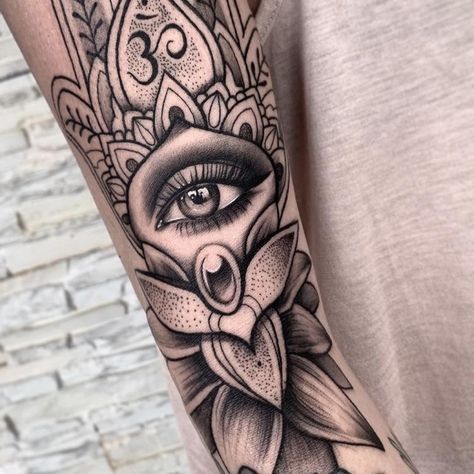 Lotus With Eye Tattoo, Lotus Tattoo Sleeve For Women, Lotus Flower With Evil Eye Tattoo, Lotus Half Sleeve Tattoo, Evil Eye Tattoo For Women Arm, Lotus Mandala Tattoo Thigh, Lotus Eye Tattoo, Lotus Flower Tattoo Mandala, Manifestation Tattoos For Women