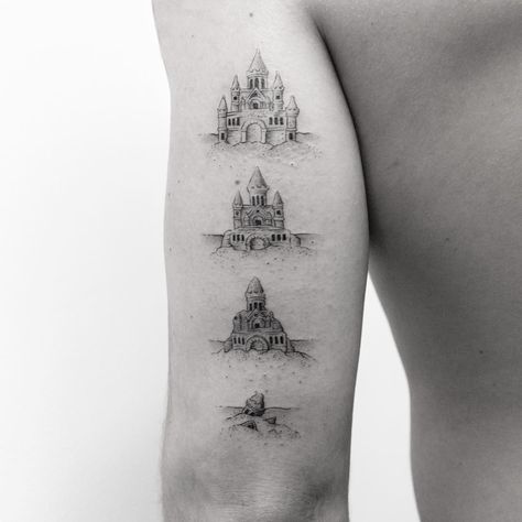 BB on Instagram: “+ Life of a sandcastle +” Sandcastle Tattoo, Sand Castle Tattoo, Nikko Hurtado, Unique Tattoos For Men, Castle Tattoo, Most Popular Tattoos, Unique Tattoo Designs, Grey Tattoo, Celebrity Tattoos