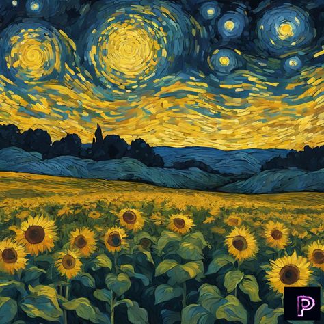 🌌🌻 Immerse yourself in a stunning vision of Van Gogh’s genius with a starry night dancing above a field of vibrant sunflowers. Experience the swirling skies and golden blooms like never before. See it for yourself on PicassoAI and transform your artistic dreams into reality. Start creating with PicassoAI today and let your imagination soar! ✨🎨 

#VanGoghInStyle #PicassoAI #ArtReimagined #AI #VirtualArt #AIArtistry #ArtisticVision Van Gogh Starry Night Sunflower, Can Gogh Sunflower, Starry Night And Sunflowers, Sunflower Fields Aesthetic, Van Gogh Clouds, Sunflower Widget, Van Gogh Paintings Sunflowers, Starry Night Inspired Art, Sunflower Painting Van Gogh