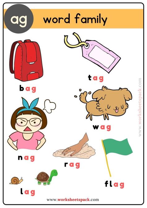 Free Ag Family Words with Pictures - Printable and Online Worksheets Pack Ag Family Words, Ag Word Family, Family Words, Teach Phonics, Word Family Activities, Cvc Worksheets, Cvc Words Worksheets, Flamingo Craft, Activity Preschool