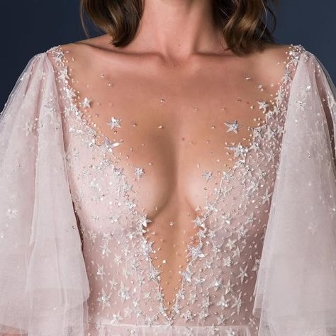 Paolo Sebastian on Instagram: "PSAW2310 - Tiered French tulle gown with flutter sleeve, illusion neckline and scattered crescent moon and star embroidery.

#PaoloSebastian #Couture #MoonlightSerenade" Moon Star Wedding Dress, Astronomy Wedding Dress, Moon And Star Wedding Dress, Wedding Dresses With Stars, Astrology Wedding Dress, Celestial Wedding Gown, Star Wedding Dresses, Star And Moon Dress, Night Court Wedding Dress