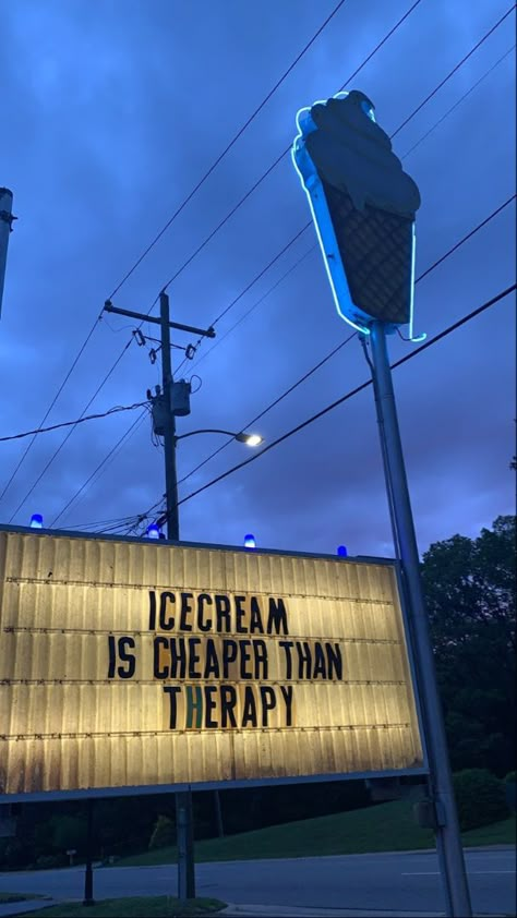 Icecream is cheaper than Therapy sign Ice Cream Aesthetic Wallpaper, Dark Blue Summer Aesthetic, Rainy Day Ice Cream Quotes, Ice Cream Aesthetic Quotes, Summer Ice Cream Quotes, Cloudy Sky Aesthetic Quotes, Ice Cream Aesthetic Night, Ice Cream Quotes, Nostalgic Aesthetic