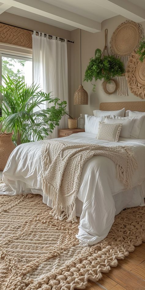 Cheap Boho Bedroom Ideas, Best Bedroom Decor Ideas, Boho White Bedroom, Boho Neutral Bedroom Decor, Clean Boho Aesthetic, Cozy Neutral Bedroom Boho, Boho Master Bedrooms Decor, Small Boho Bedroom Ideas, Tropical Boho Bedroom