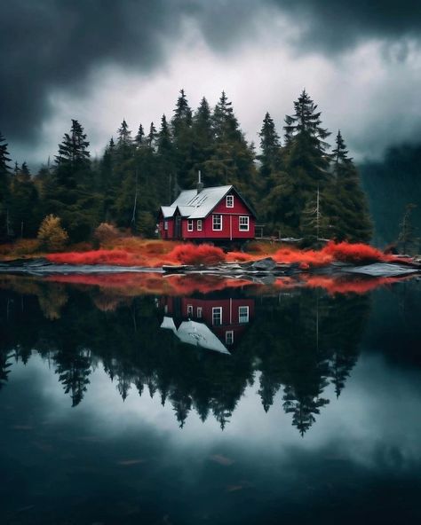 Swedish Aesthetic, Forest Lodge, Little Cabin In The Woods, Lakefront Living, Cabin Inspiration, Phone Wallpaper Boho, Beautiful Love Pictures, Landscape Art Painting, Autumn Scenery