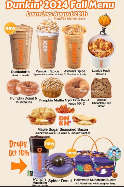 Donkin Donuts, Dunkin Donuts Recipe, Dunkin Donuts Coffee Drinks, Fall Donuts, Pumpkin Banana Muffins, Spiced Almonds, Fall Menu, Bacon Sandwich, Seasonal Drinks