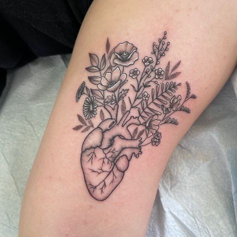 Anatomical Heart Vase Tattoo, Heart Plant Tattoo, Wildflower Heart Tattoo, Real Heart Tattoo Designs, Anatomical Heart With Flowers Tattoo, Heart Organ Tattoo, Anatomical Heart Tattoo With Flowers, Anatomical Heart Tattoo Designs, Real Heart Tattoos