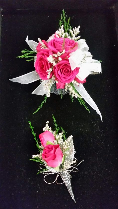 White Corsage With Pink Accent, Pink Rose Corsage Prom, Hot Pink Rose Corsage, Pink And White Corsage Prom, Fushia Corsage Prom, Pink Homecoming Corsage, Pink Bouquet Flowers Prom, White Flowers With Pink Accents, Hot Pink Boutonniere Prom