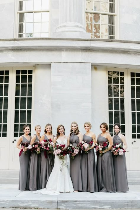 floor length bridesmaid dresses in grey Gray And Greenery Wedding, Pewter Dress Bridesmaid, Grey Bridesmaid Dresses With Groomsmen, Steel Grey Bridesmaid Dresses, Pewter Bridesmaid Dresses, Gray Bridesmaid Dresses, Pewter Dress, Bridesmaid Color, Wren Photography