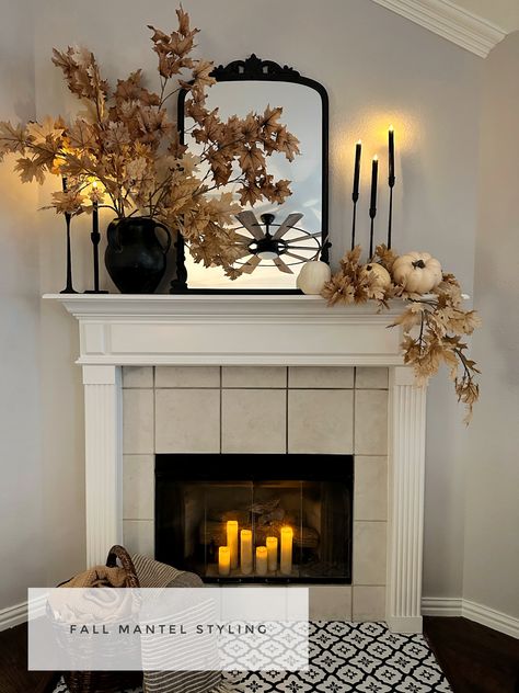 How To Design A Beautiful Fall Mantel * Hip & Humble Style Fall Fire Mantle Decor, Fall Mantle Inspiration, Fall Decor Around Fireplace, Fall Floral Home Decor, Decorating A Mantle For Fall, Autumn Mantle Decor, Styling A Mantel, Fall Decor Moody, Fall Fireplace Decor Mantles With Tv