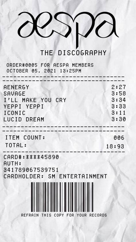 Aespa aesthetic receipt
Aespa
Receipt crumble Aesthetic Receipt, Kpop Receipt, Aespa Poster, Aesthetic Scenes, Aespa Aesthetic, Night Shadow, Ticket Design, Phone Stickers, Lucid Dreaming