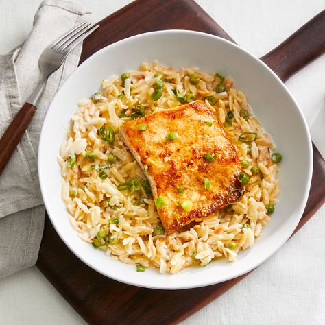 Lemony Fish With Orzotto Fish And Orzo Recipes, Real Simple Magazine Recipes, Orzo Fish Recipes, Fish With Orzo, Creamy Lemon Orzo Salmon, Salmon With Artichoke Orzo, Easy Easter Dinner, How To Cook Orzo, Orzo Recipes