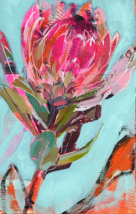 Single Flower Paintings, Fynbos Flowers, Protea Painting, Plant Paintings, Ply Board, Protea Art, Acrylic Art Projects, Flower Artists, Abstract Flower Art