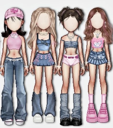 Kpop Group Outfits Ideas 4 Members, Everskies Group Outfits, Soft Ideas, Friends Clothing, Dance Style Outfits, Outfit Kpop, Group Outfits, Bratz Inspired Outfits, Pixel Art Characters