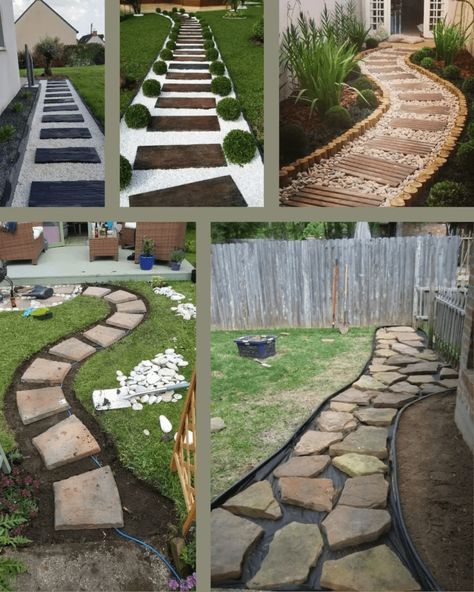 Simple Paver Walkway, Simple Pathway Ideas, Cement Pavers Walkway, Diy Walkways Paths Cheap Simple, Front Yard Pathways Walkways, Diy Pathway Ideas Cheap, Mulch Walkway, Cheap Walkway Ideas Diy, Backyard Walkway Ideas