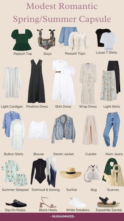 A light pink backdrop with various items of summery and spring clothing items, each labelled Romantic Style Outfit, Romantic Clothing Style, Romantic Kibbe, Minimalist Wardrobe Capsule, Kibbe Romantic, Capsule Wardrobe Women, Capsule Wardrobe Casual, Spring Summer Capsule Wardrobe, Look Boho Chic