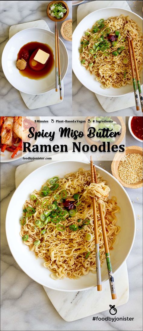 Butter Ramen Noodles, Spicy Miso Ramen Recipe, Veggie Dinners, Miso Broth, Vegan Kimchi, Send Noods, Miso Ramen, Miso Butter, Wheat Noodles