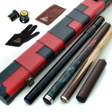 PRICES MAY VARY. Price include VAT 57inch 3/4 Jointed Snooker Cue ,Weight 18oz,Packing in Quality Black/Red Patchwork Leatherette Cue Case Cue Shaft Made from Selected Kiln Dried North American Ash with Matching Grain, Rosewood Butt with Four Stylish Deep Green Resin Splices and Coloured Veneers,all genuine veneers and splices (not painted) Quality Stainless Steel Joint,Solid Brass Ferrule 9.5 mm Cue Tips (Glue on Tips),offer performance nice solid contact with ball Come with 6" Mini Butt End Extension,16"Aluminium Telescopic Extension,Billiard Towel,Glove and Joint Protector CUESOUL brand is registered in worldwide. 
Amazon store(CUESOUL)is self-Store by CUESOUL. 
All violations will be reported. 
CUESOUL 57" Hand-Spliced 3/4 Jointed Snooker Cue with 2 Extensions 
This specially snooker c Snooker Balls, Cue Sports, Snooker Cue, Indoor Games, Billiards, Tacos, Product Information, Black And Red, Entertainment