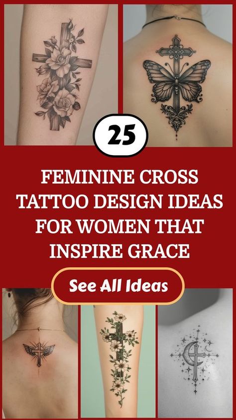 Discover a collection of delicate and elegant feminine cross tattoo ideas for women that will inspire grace and faith. These beautiful designs are perfect for expressing your spirituality in a feminine way. Whether you prefer intricate details or minimalist styles, there's a feminine cross tattoo design that will resonate with you. Embrace the symbolism of the cross with these timeless and meaningful tattoo ideas that are as beautiful as they are inspiring. Choose a design that speaks to your so Christian Faith Tattoos For Women, Faith Tattoos For Women, Feminine Cross Tattoos For Women, Cross Rib Tattoos, Elegant Tattoo Ideas, Faith Cross Tattoos, Cross Shoulder Tattoos, Cross Tattoo Design, Tattoo Design Ideas For Women