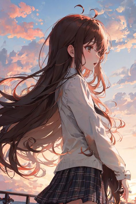 1girl, solo, hips, skirt, long hair, brown hair, brown eyes, white shirt, gray vest, plaid skirt, sunset, plaid, cloud, outdoors, blazer, pleated skirt, long sleeves, standing, red skirt, cloudy sky, closed mouth, ahoge, profile, side, horimiya, hori Brown Hair Brown Eyes Girl, Horimiya Hori, Long Hair Brown, Kyouko Hori, Pleated Skirt Long, Anime Brown Hair, Gray Vest, Brown Hair Blue Eyes, Brown Hair Brown Eyes