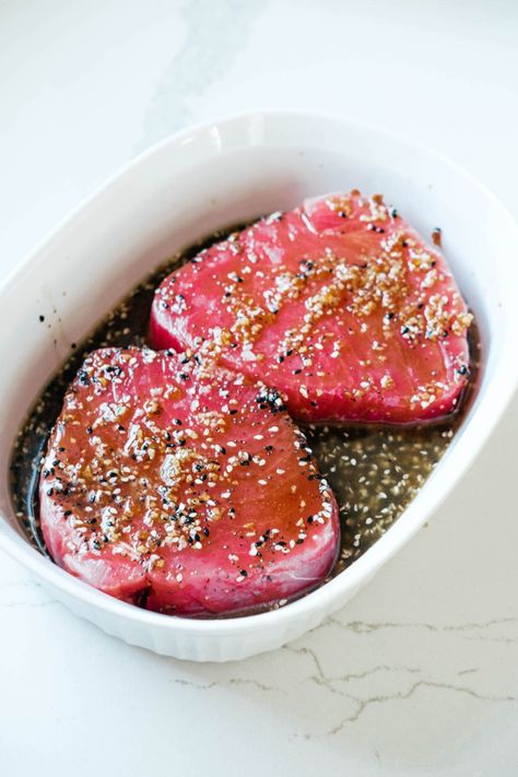 Easy Tuna Marinade, Marinade For Ahi Tuna Steak, Grilled Tuna Steak Recipes Simple, How To Make Ahi Tuna Steaks, Keto Ahi Tuna Recipe, How To Cook Ahi Tuna, Tuna Steaks Marinade, Fresh Ahi Tuna Recipes, Seared Ahi Tuna Marinade