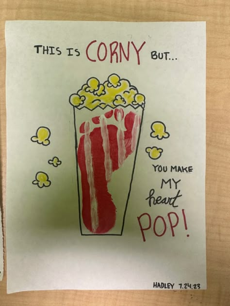 this is corny but you make my heart pop painted feet art Popcorn Footprint Art, Family Infant Crafts, Infant Emotions Art, August Infant Art, Nicu Valentines Crafts, Circus Infant Art, Circus Crafts For Infants, Circus Art For Infants, September Infant Art