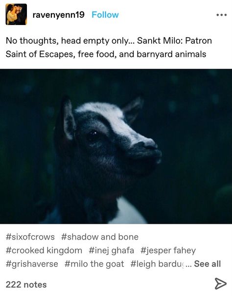 Shadow And Bone Merch, Six Of Crows Merch, Milo Shadow And Bone, Milo The Goat, Crows Shadow And Bone, Crow Club, Bones Show, Bones Tv Show, Grisha Verse