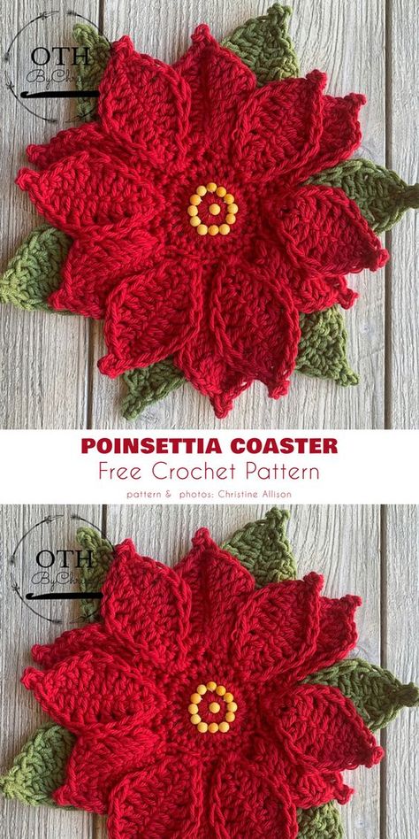 Crochet Poinsettia Pattern Free, Free Crocheted Coaster Patterns, Free Crochet Pattern For Christmas Coasters, Crochet Poinsettias Free Patterns, Crochet Pointsetta Coaster, Poinsettia Flower Crochet Pattern, Crochet Ponsietta Flower, Crochet Christmas Squares Pattern Free, Poinsettia Coaster Crochet