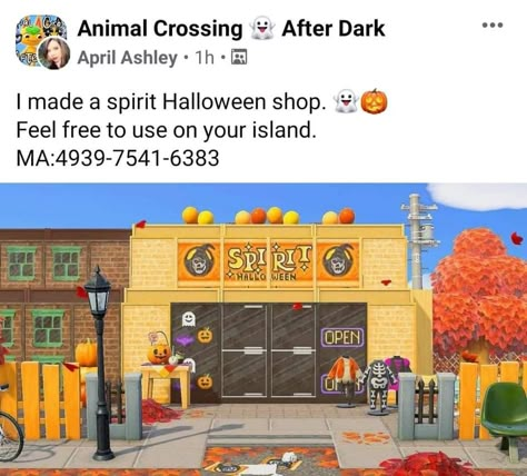 Animal Crossing Spirit Halloween, Acnh Spirit Halloween, Acnh Convenience Store Design, Acnh Fake Building Design, Acnh Storefront Design Codes, Acnh Grocery Store Designs, Fake Buildings Animal Crossing, Animal Crossing Fake Building, Acnh Fake Building Ideas